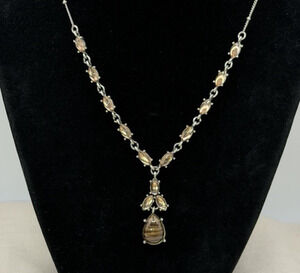 Vintage Avon NR Y Drop Faux Tiger Eye Pendant Necklace Beige Brown Dainty